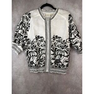 Chico's 100% Linen Bomber Jacket Womens Small White Black Floral Embroidered Zip
